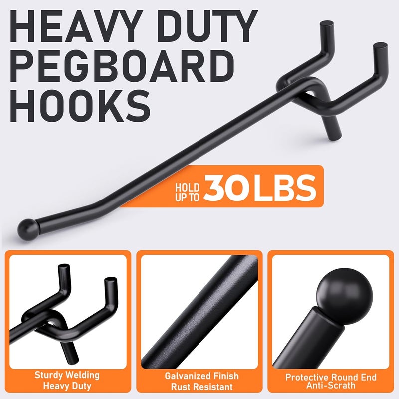 INCLY 36 Pack 4/6/8 Inch Black Pegboard Hooks, 1/4" Heavy Duty Peg Board Shelving Hooks Accessories, Peg Board Tool Hangers Fit 1/4" Pegboard for Organizing Garage, Craft Room, Kitchen, Store - Image 5